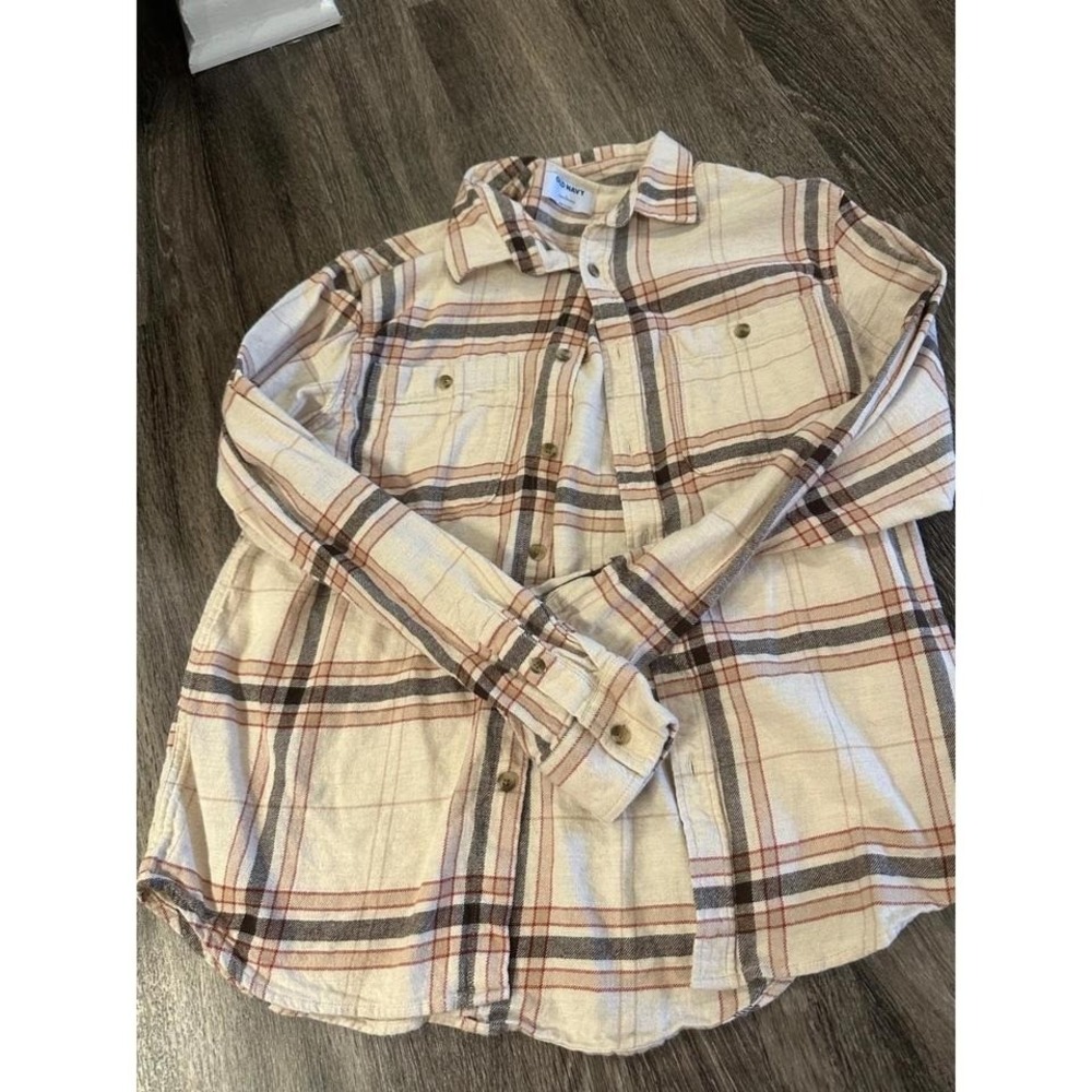 Old Navy Flannel Shirt Cream Plaid Long Sleeve Button Up Casual Men's L